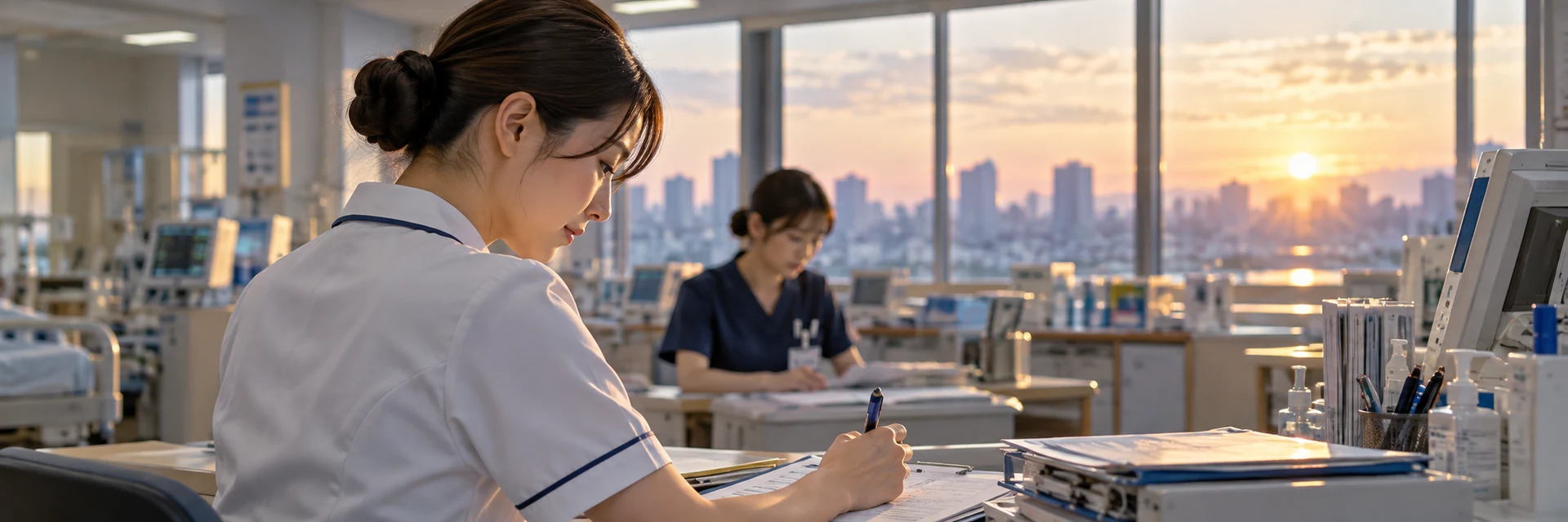 病棟で記録をとる看護師